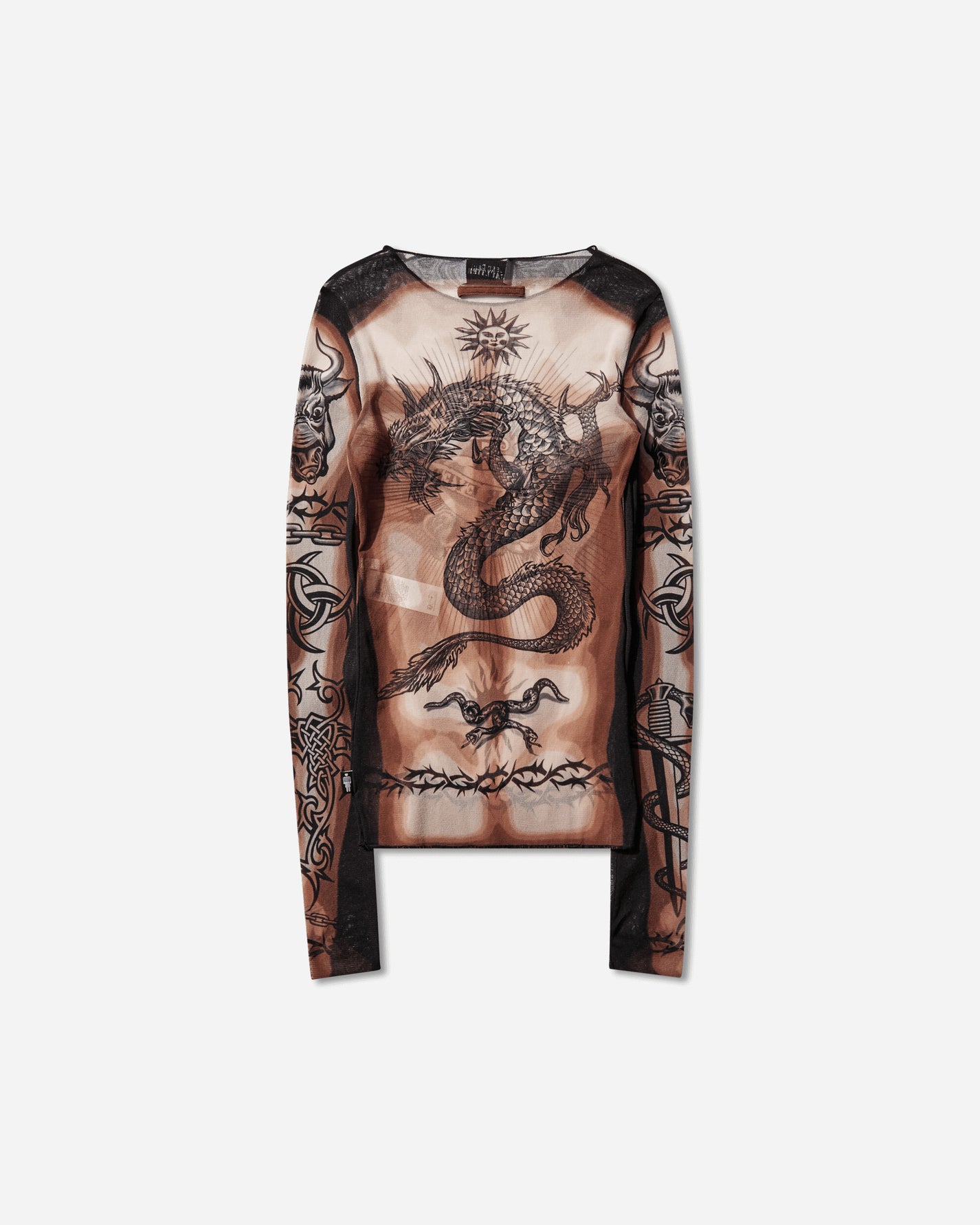 Jean Paul Gaultier Wmns Re-Edition :Long Sleeves Crew Neck Top - Printed "Safe Sex Tatoo" Nude/Brown/Black T-Shirts Longsleeve 26-01-W-TO456-M026P 636000