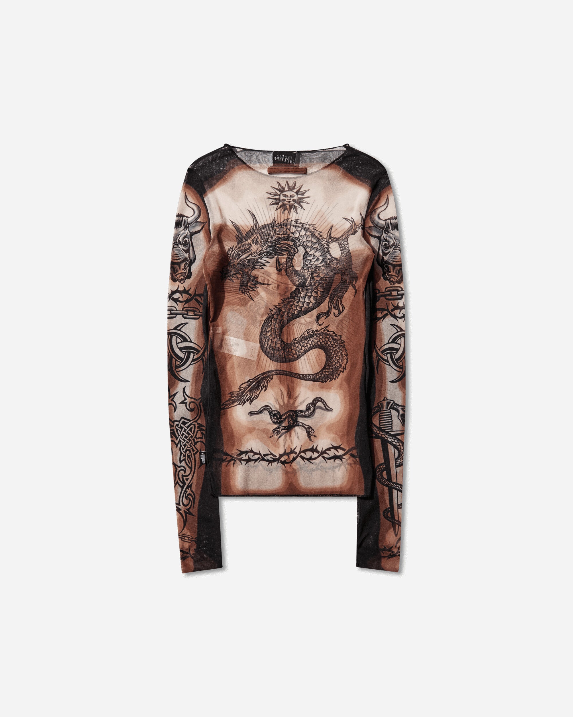 Jean Paul Gaultier Wmns Re-Edition :Long Sleeves Crew Neck Top - Printed "Safe Sex Tatoo" Nude/Brown/Black T-Shirts Longsleeve 26-01-W-TO456-M026P 636000