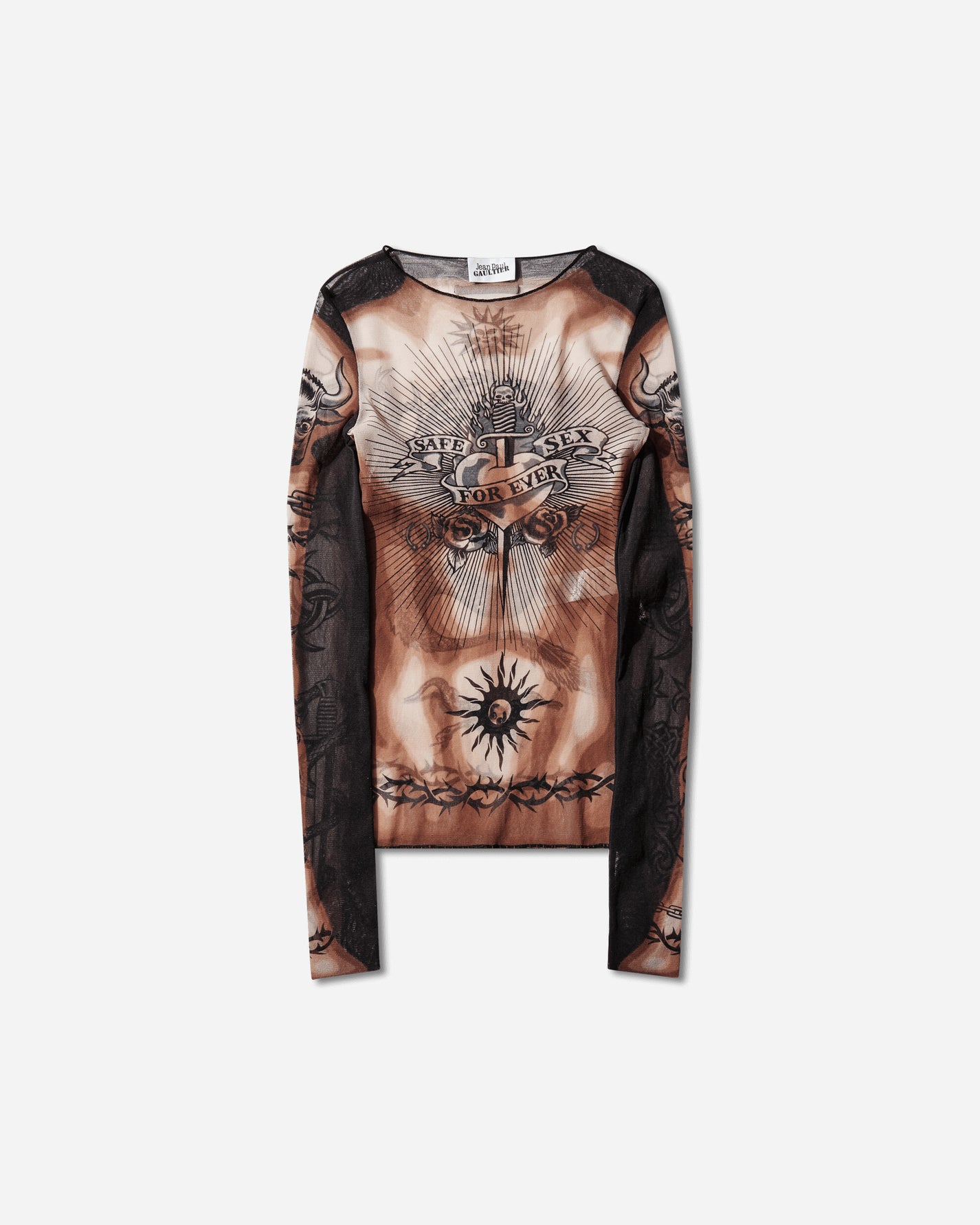 Jean Paul Gaultier Wmns Re-Edition :Long Sleeves Crew Neck Top - Printed "Safe Sex Tatoo" Nude/Brown/Black T-Shirts Longsleeve 26-01-W-TO456-M026P 636000