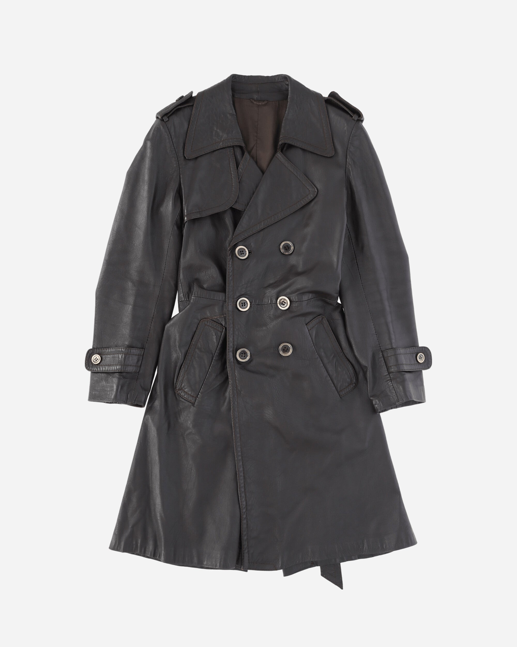 Pezze Vintage Dark Brown Double Breasted Leather Trench With Belt Black Coats and Jackets Leather Jackets 472421 1