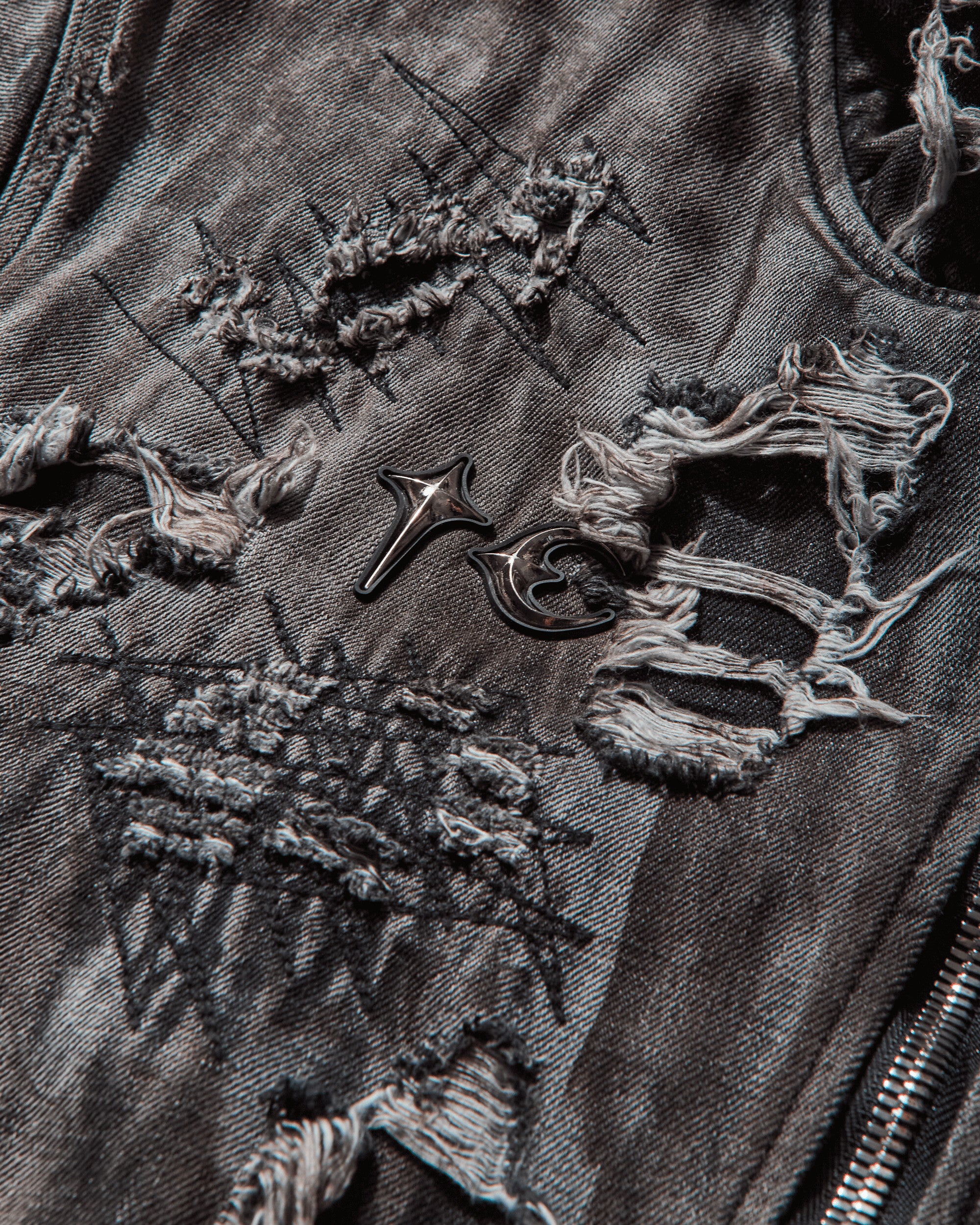 Thug Club Hard-Washed Damaged Denim Hooded Zip-Up Black Coats and Jackets Jackets TC25JK3801 BLACK