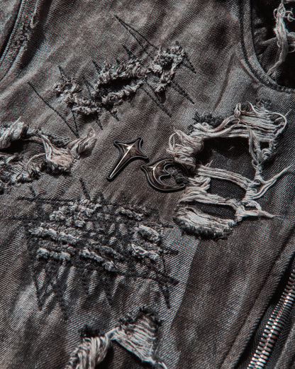 Thug Club Hard-Washed Damaged Denim Hooded Zip-Up Black Coats and Jackets Jackets TC25JK3801 BLACK