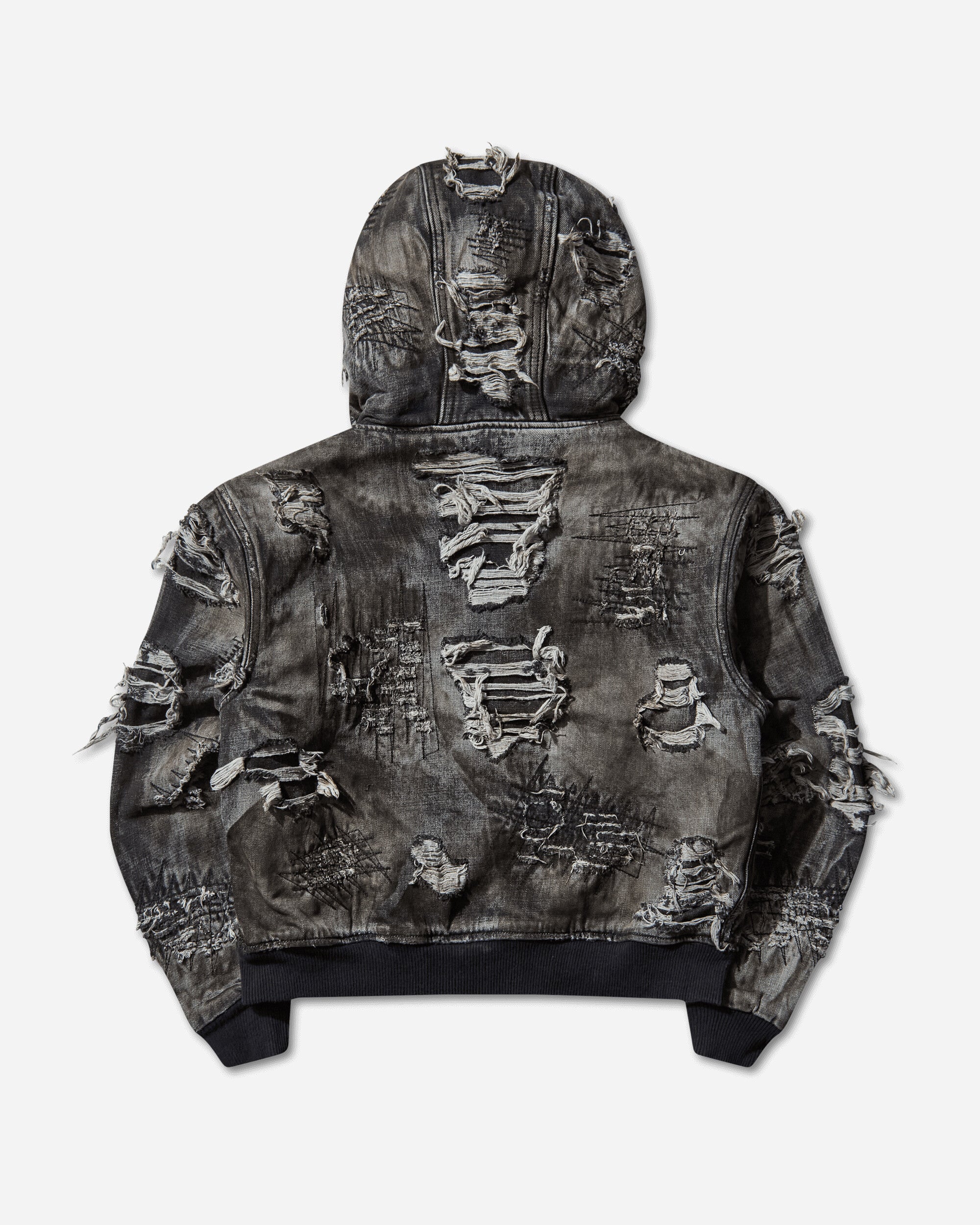 Thug Club Hard-Washed Damaged Denim Hooded Zip-Up Black Coats and Jackets Jackets TC25JK3801 BLACK