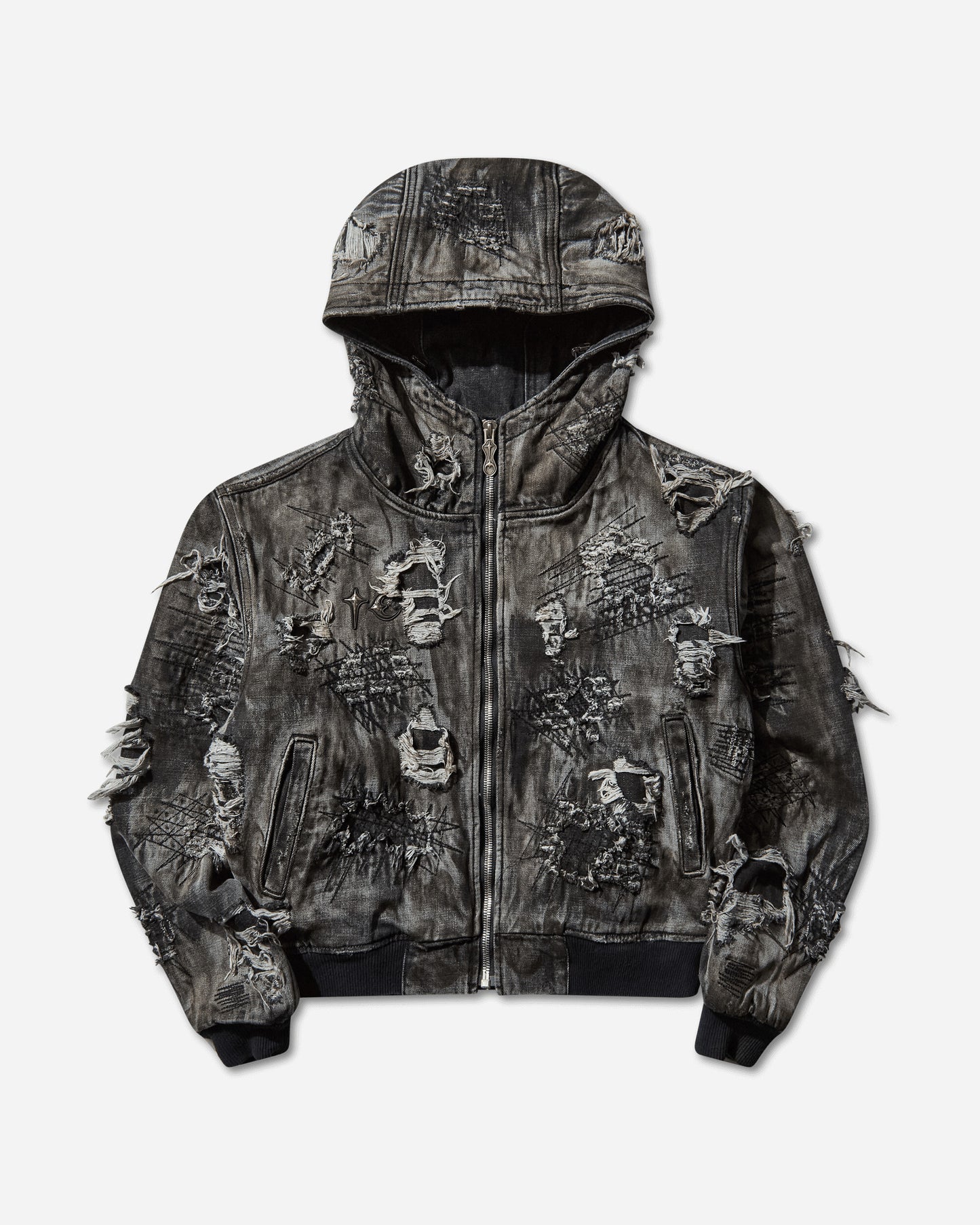 Thug Club Hard-Washed Damaged Denim Hooded Zip-Up Black Coats and Jackets Jackets TC25JK3801 BLACK