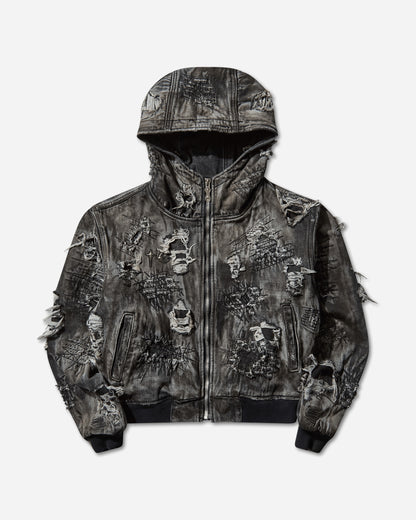 Thug Club Hard-Washed Damaged Denim Hooded Zip-Up Black Coats and Jackets Jackets TC25JK3801 BLACK